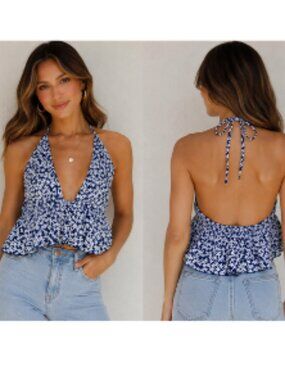 Garage Floral Halter Tank Top Women's Size XL Blue/White